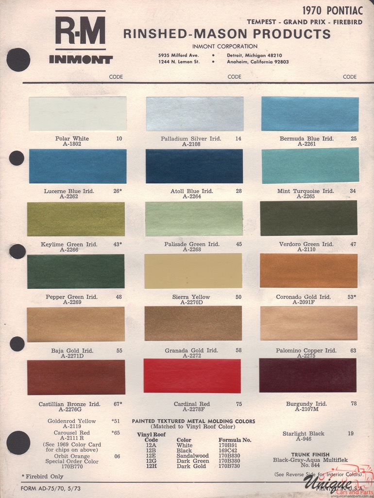 1970 Pontiac Paint Charts RM 1